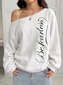 SHEIN 青少年女孩不對稱肩字母印花套頭衛衣，秋季學院風，手繪字母印花，美式校園風 City-Walk，街頭風美學，休閒校園運動風，極簡休閒 - 白色 - 查看 9