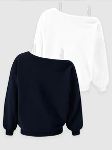 SHEIN 青少年女孩不對稱肩字母印花套頭衛衣，秋季學院風，手繪字母印花，美式校園風 City-Walk，街頭風美學，休閒校園運動風，極簡休閒 - 白色 - 查看 3