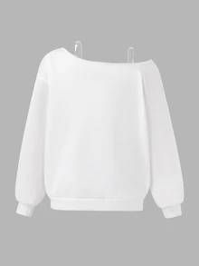 SHEIN 青少年女孩不對稱肩字母印花套頭衛衣，秋季學院風，手繪字母印花，美式校園風 City-Walk，街頭風美學，休閒校園運動風，極簡休閒 - 白色 - 查看 6
