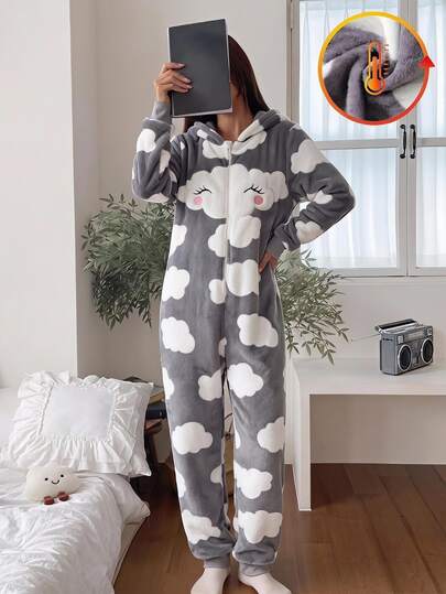 Mono de manga larga con capucha larga para niñas, rosa dulce y lindo con patrón de nubes, ropa de estar en casa cómoda y suave, forro de felpa grueso y reforzado para otoño/invierno