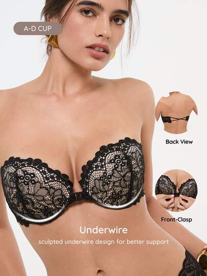 Bralution Strapless Non-Slip Underwire Push-Up Bra, Front Closure, Suitable For Small Bust, Comes With Invisible Shoulder Straps, Versatile Wearing