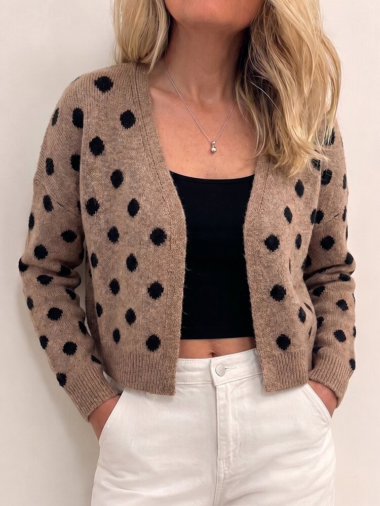 SHEIN LUNE Women's Autumn/Winter Black Polka Dot Long Sleeve Casual Retro Vintage 70s Elegant Daily Commute Office Brunch Fashion Knit Cardigan - Khaki - View 4