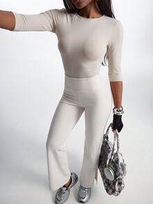 Innovista Innovista Legging Olahraga Harian Wanita Warna Polos dengan Belahan Samping - Krem - View 8