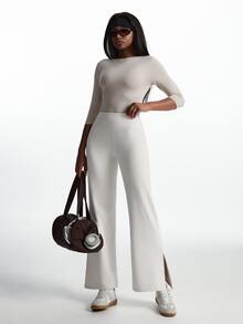 Innovista Innovista Legging Olahraga Harian Wanita Warna Polos dengan Belahan Samping - Krem - View 11