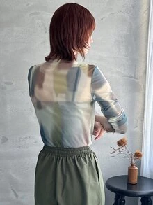 FRIFUL 女士扎染网眼生菜边长袖上衣，透明，秋季女装高领衫 - 卡其色 - 查看 4