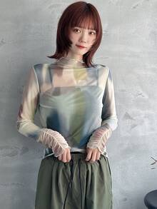 FRIFUL 女士扎染网眼生菜边长袖上衣，透明，秋季女装高领衫 - 卡其色 - 查看 3