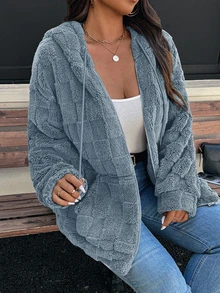 SHEIN LUNE Plus Size Women's Gray Fluffy Teddy Jacket, Oversized, Hooded, Casual, Autumn Winter - Dusty Blue - View 4