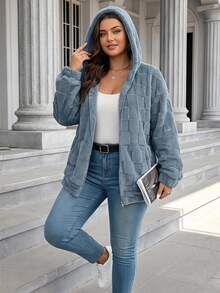 SHEIN LUNE Plus Size Women's Gray Fluffy Teddy Jacket, Oversized, Hooded, Casual, Autumn Winter - Dusty Blue - View 1