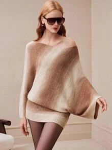 Arave Gaun Rajut Wanita Lengan Kelelawar Bodycon Hem Rajut Bahu Terbuka Leher Perahu Bergaris Modern Cokelat Krem Gradien Pakaian Musim Gugur untuk Wanita Halloween - MultiWarna - View 7