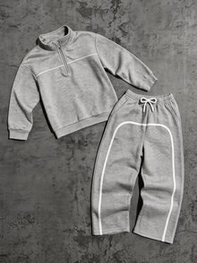SHEIN 2件組青少年男孩寬鬆休閒極簡風半開領拉鍊套頭衛衣附口袋＋直筒長褲圓形設計衛衣套裝，適合日常通勤、上學、運動休閒穿著 - 灰色 - 查看 1