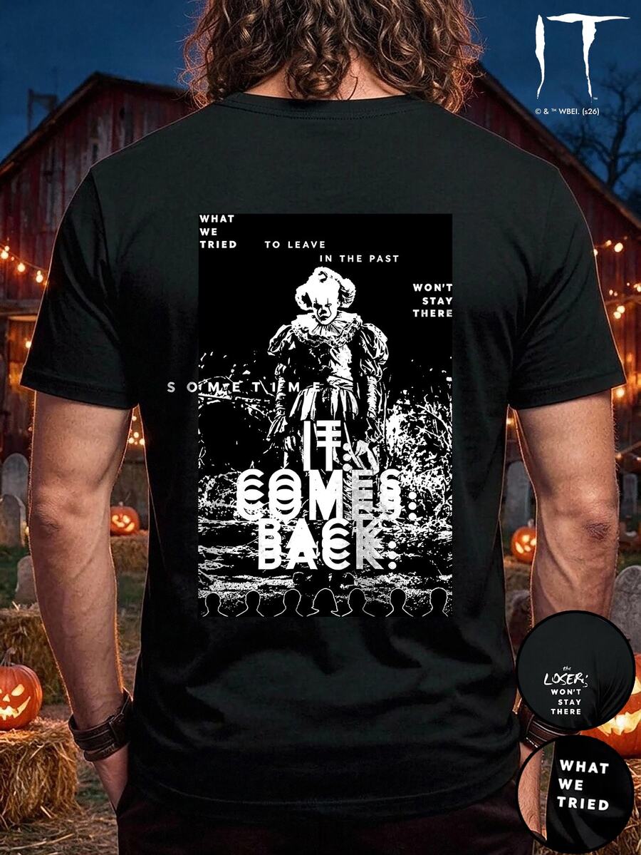 IT Chapter TWO | Manfinity Fenqiro 萬聖節 IT 男款圖案圓領短袖時尚休閒 T-Shirt - 黑色 - 查看 1