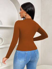 Zolique Women's Casual Elegant Bowknot Collar Slim Fitted Ruffled Hem Solid Color Long Sleeve T-Shirt,Autumn Office Burnt Orange - Coffee Brown - View 3
