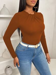 Zolique Women's Casual Elegant Bowknot Collar Slim Fitted Ruffled Hem Solid Color Long Sleeve T-Shirt,Autumn Office Burnt Orange - Coffee Brown - View 4