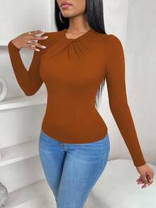 Zolique Women's Casual Elegant Bowknot Collar Slim Fitted Ruffled Hem Solid Color Long Sleeve T-Shirt,Autumn Office Burnt Orange - Coffee Brown - View 6