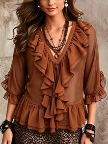 SHEIN Solid Ruffle Trim V-Neck Tie Front Sheer Chiffon Blouse With Flare Sleeves - Camel - View 6