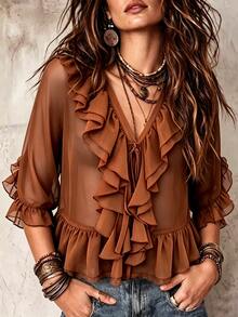 SHEIN Solid Ruffle Trim V-Neck Tie Front Sheer Chiffon Blouse With Flare Sleeves - Camel - View 7