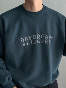 DAZY 春秋款藍色寬鬆短版圓領運動衫，羅紋下擺與袖口，字母刺繡男士套頭衫 - 藍色 - 查看 3