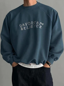 DAZY 春秋款藍色寬鬆短版圓領運動衫，羅紋下擺與袖口，字母刺繡男士套頭衫 - 藍色 - 查看 1
