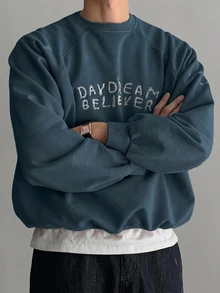DAZY 春秋款藍色寬鬆短版圓領運動衫，羅紋下擺與袖口，字母刺繡男士套頭衫 - 藍色 - 查看 4