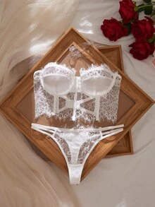 Myrelith 2pcs Lace Trim Strapless Bra Set Bride Lingerie Set White Lingerie Lingerie Set Bridal Underwear - White - View 1