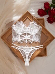 Myrelith 2pcs Lace Trim Strapless Bra Set Bride Lingerie Set White Lingerie Lingerie Set Bridal Underwear - White - View 2
