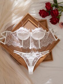 Myrelith 2pcs Lace Trim Strapless Bra Set Bride Lingerie Set White Lingerie Lingerie Set Bridal Underwear - White - View 4