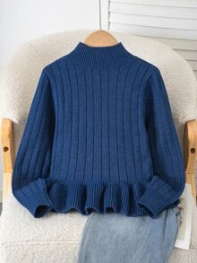 SHEIN 少女針織長袖上衣 童裝韓系秋冬新款 優雅百搭時尚修身收腰荷葉邊短版針織衫 - 藏蓝色 - 查看 2