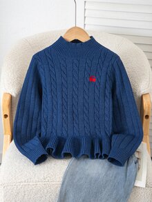 SHEIN 少女針織長袖上衣 童裝韓系秋冬新款 優雅百搭時尚修身收腰荷葉邊短版針織衫 - 藏蓝色 - 查看 5