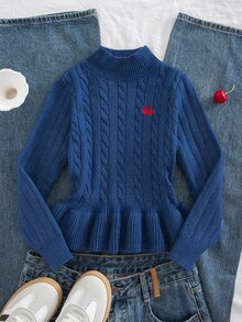 SHEIN 少女針織長袖上衣 童裝韓系秋冬新款 優雅百搭時尚修身收腰荷葉邊短版針織衫 - 藏蓝色 - 查看 9