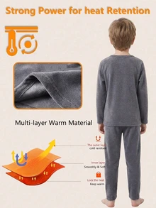 SHEIN Boys Soft Comfortable Solid Color Minimalist Basic Black & Grey Deoron Long Pants & Long Sleeve Fleece-Lined And Thickened Autumn/Winter - Dark Grey - View 4