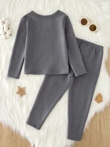 SHEIN Boys Soft Comfortable Solid Color Minimalist Basic Black & Grey Deoron Long Pants & Long Sleeve Fleece-Lined And Thickened Autumn/Winter - Dark Grey - View 2