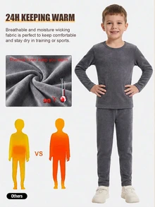 SHEIN Boys Soft Comfortable Solid Color Minimalist Basic Black & Grey Deoron Long Pants & Long Sleeve Fleece-Lined And Thickened Autumn/Winter - Dark Grey - View 3