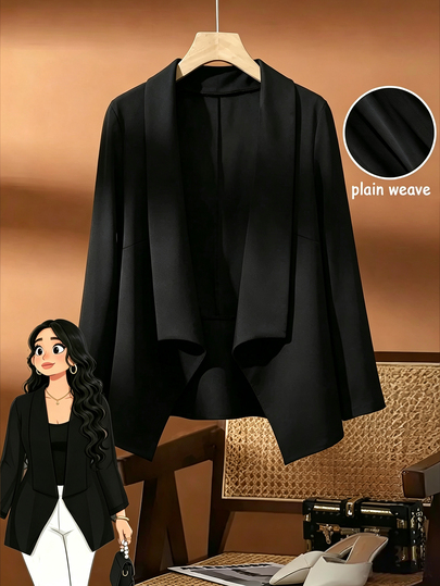 GlowEve CURVE Women's Plus Size Elegant Minimalist Black Solid Color Casual Loose Fit Long Sleeve Cardigan Jacket, Suitable For Spring And Autumn Lightweight Cardigan, Holiday Vacation Jacket, Women's Commute Outfit, Women's Office Outfit, Women's Basic Jacket