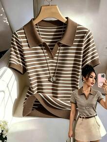 SHEIN Franclia Women's Casual Striped Polo Collar Short Sleeve T-Shirt, Suitable For Daily Wear And Commuting - Brown - View 3