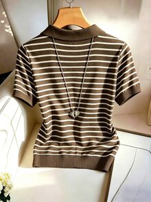 SHEIN Franclia Women's Casual Striped Polo Collar Short Sleeve T-Shirt, Suitable For Daily Wear And Commuting - Brown - View 2