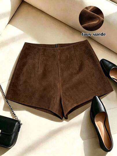 SHEIN Franclia Solid Faux Suede High Waist A-Line Shorts, Back Zip Slim Fit Shorts,Fall Winter Vintage Casual Elegant Y2K Streetwear Bootcut Bottoms Night Dark Brown