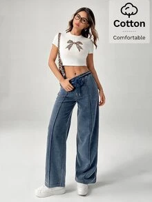 SHEIN PETITE Snow-Washed Women's Drawstring Wide Leg Sweatpants - Blue - View 9