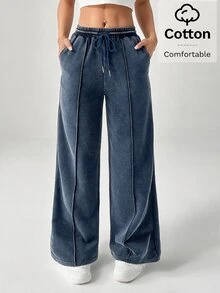 SHEIN PETITE Snow-Washed Women's Drawstring Wide Leg Sweatpants - Blue - View 6