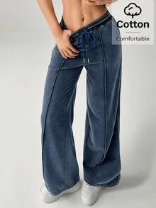 SHEIN PETITE Snow-Washed Women's Drawstring Wide Leg Sweatpants - Blue - View 3