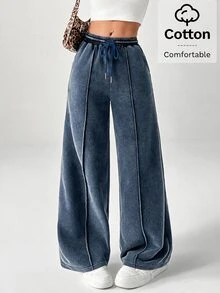 SHEIN PETITE Snow-Washed Women's Drawstring Wide Leg Sweatpants - Blue - View 4