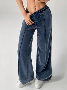 SHEIN PETITE Snow-Washed Women's Drawstring Wide Leg Sweatpants - Blue - View 5