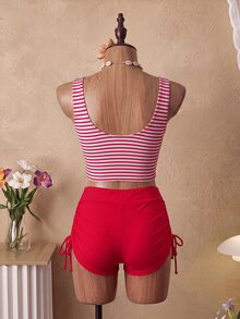 Swim Basics 热销条纹印花吊带泳衣套装，包含系带泳裤和吊带背心，适合海滩度假、海滩派对等场合。 - 彩色 - 查看 4