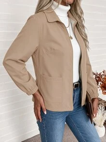 EMERY ROSE CURVE Plus Size Women's Autumn/Winter Fashion Casual Loose Comfortable Everyday All-Match Versatile Beige/Apricot Collar Zipper Double Pocket Elastic Cuff Short Fleece Jacket - Khaki - View 8