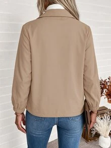 EMERY ROSE CURVE Plus Size Women's Autumn/Winter Fashion Casual Loose Comfortable Everyday All-Match Versatile Beige/Apricot Collar Zipper Double Pocket Elastic Cuff Short Fleece Jacket - Khaki - View 2