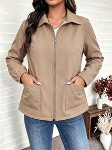 EMERY ROSE CURVE Plus Size Women's Autumn/Winter Fashion Casual Loose Comfortable Everyday All-Match Versatile Beige/Apricot Collar Zipper Double Pocket Elastic Cuff Short Fleece Jacket - Khaki - View 6