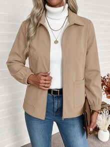 EMERY ROSE CURVE Plus Size Women's Autumn/Winter Fashion Casual Loose Comfortable Everyday All-Match Versatile Beige/Apricot Collar Zipper Double Pocket Elastic Cuff Short Fleece Jacket - Khaki - View 7