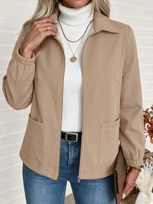 EMERY ROSE CURVE Plus Size Women's Autumn/Winter Fashion Casual Loose Comfortable Everyday All-Match Versatile Beige/Apricot Collar Zipper Double Pocket Elastic Cuff Short Fleece Jacket - Khaki - View 5