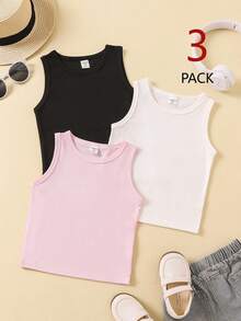 SHEIN Playful Pals 夏季度假旅行者 3 件組女童簡約時尚百搭背心，適合夏季、校園、大學，黑白嬰兒粉色 - 彩色 - 查看 4