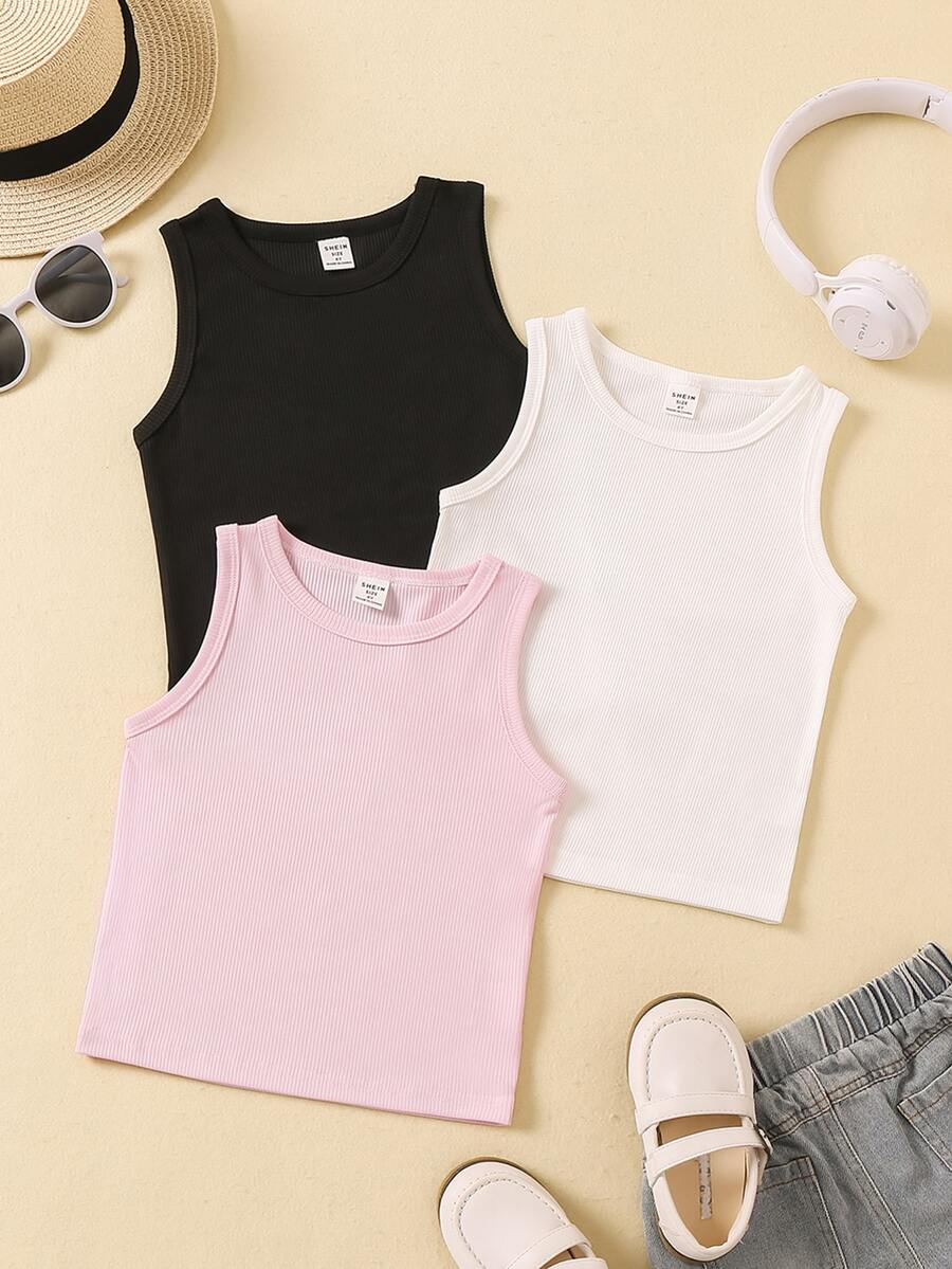 SHEIN Playful Pals 夏季度假旅行者 3 件組女童簡約時尚百搭背心，適合夏季、校園、大學，黑白嬰兒粉色