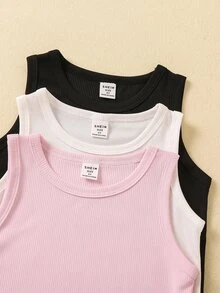SHEIN Playful Pals 夏季度假旅行者 3 件組女童簡約時尚百搭背心，適合夏季、校園、大學，黑白嬰兒粉色 - 彩色 - 查看 5